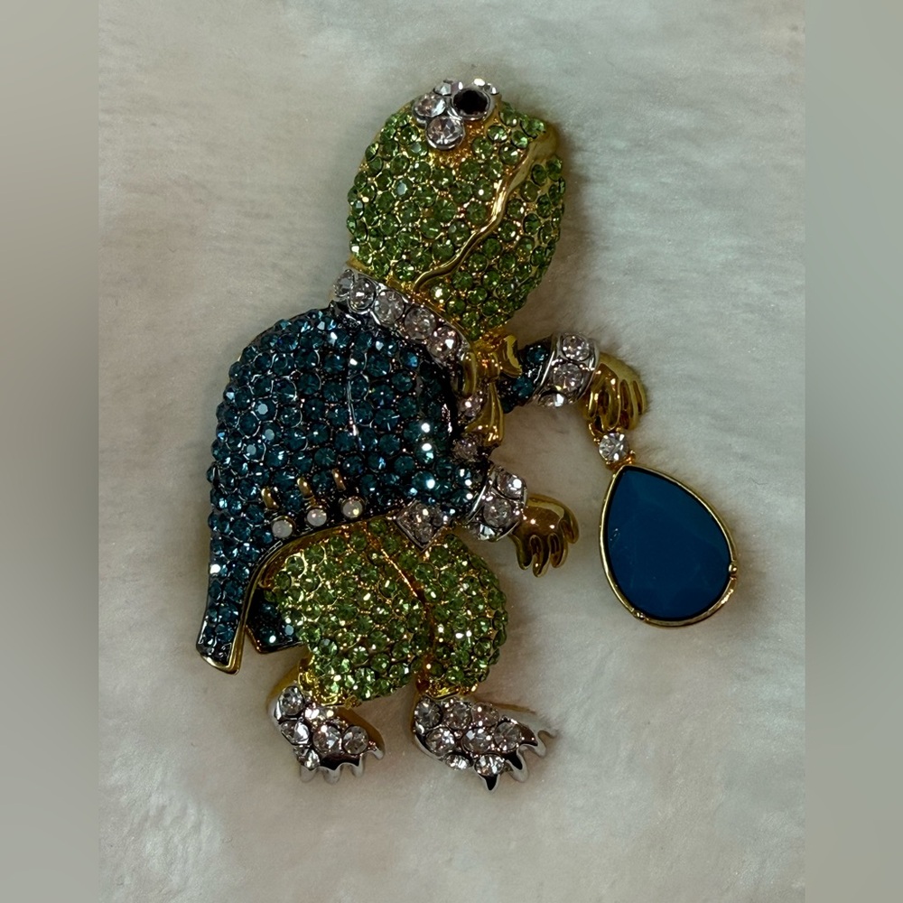 Elegant Green and Blue Crystal signed AAKKAD Frog Prince Elegant Brooch Pendant